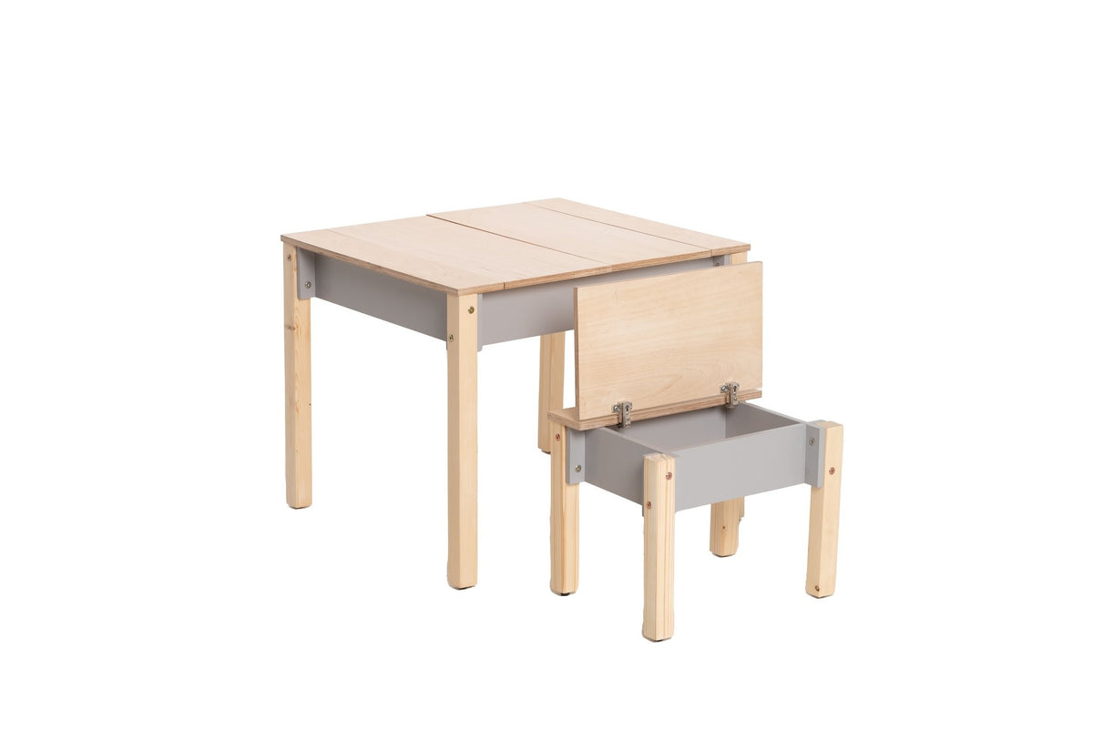2. Studio shot of children's smart storage table and chair set in light wood and grey, closed storage compartments