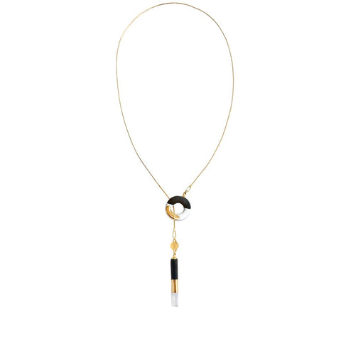2. Studio image of SCULP OM Choker B&W featuring ceramic pendant and 24K gold-over-sterling silver chain