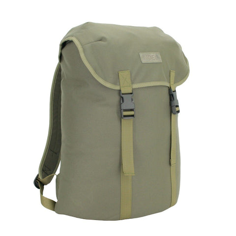 2. Khaki Noel Cafe Backpack angled front view, showing durable Cordura material