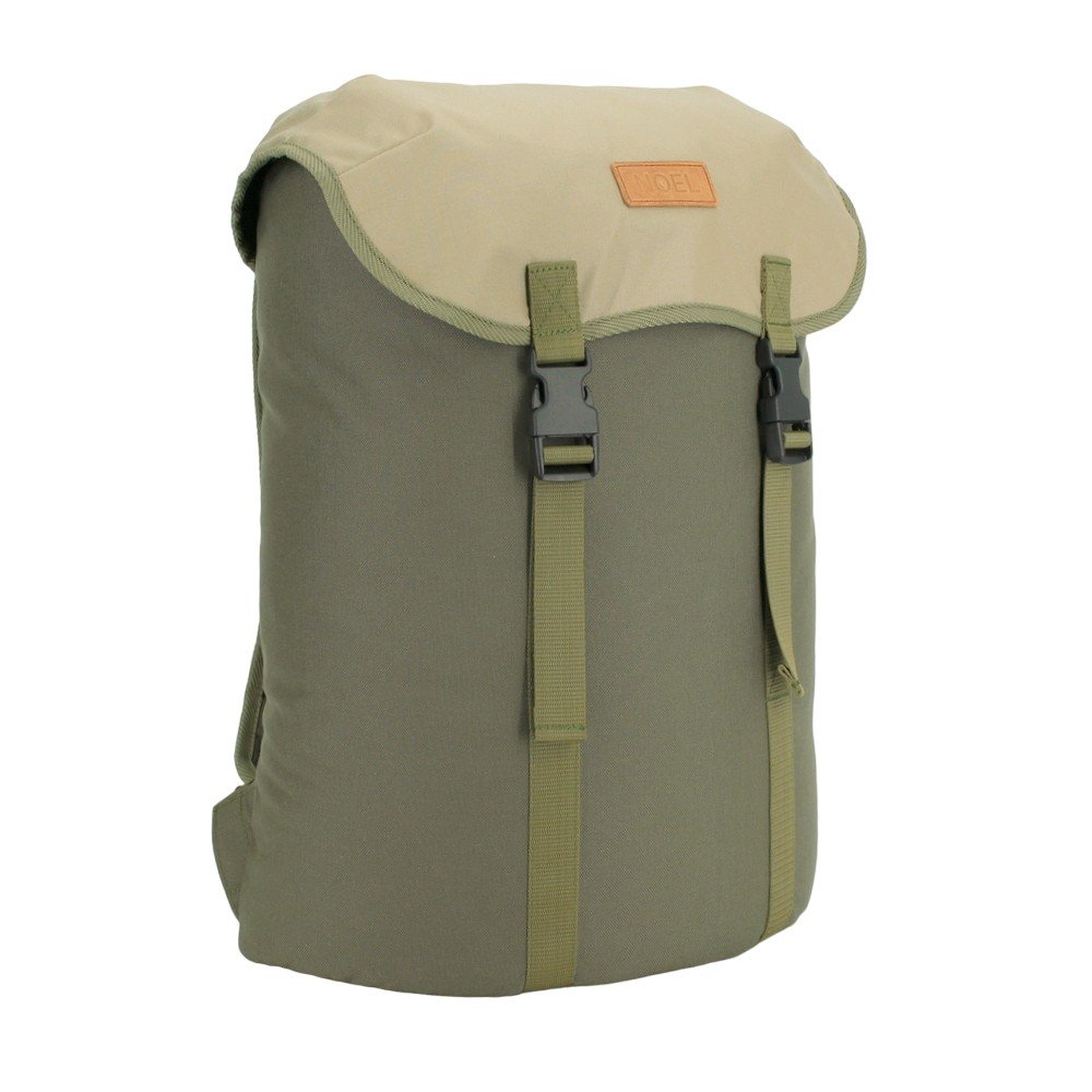 4. Side angle of Noel Cafe Backpack in khaki and beige, highlighting sleek design, studio setting