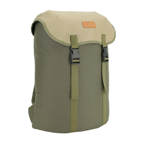 4. Side angle of Noel Cafe Backpack in khaki and beige, highlighting sleek design, studio setting