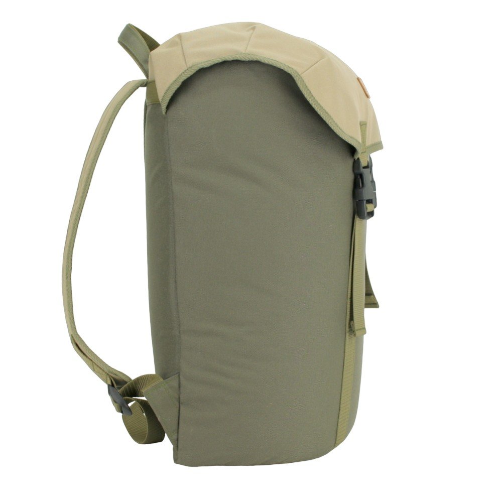 5. Side profile of Noel Cafe Backpack in khaki and beige, showing strap detail, studio setting