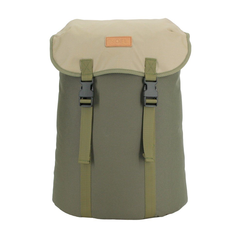 1. Noel Cafe Backpack in khaki and beige, front view with side-release buckles, studio setting