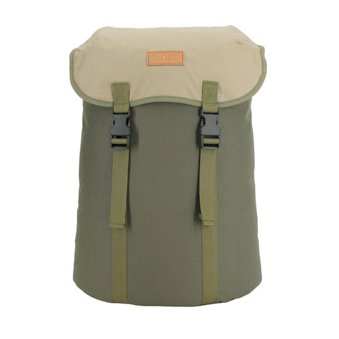 1. Noel Cafe Backpack in khaki and beige, front view with side-release buckles, studio setting