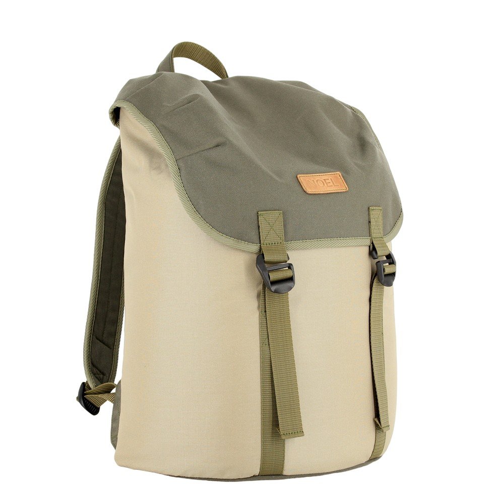 5. Angled view of Noel Cafe Backpack in beige, featuring G-hook buckle and spacious compartments