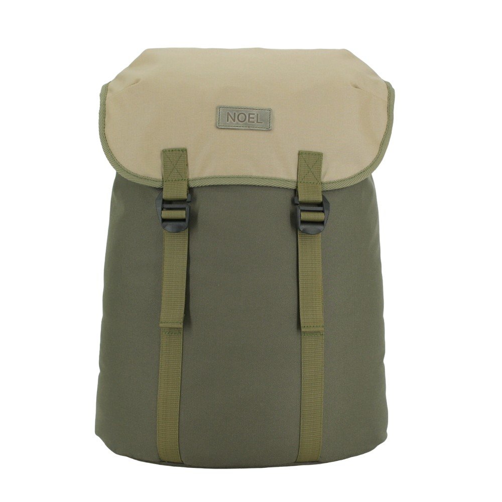 1. Noel Cafe Backpack in khaki and beige with G-hook closure, front view in studio setting