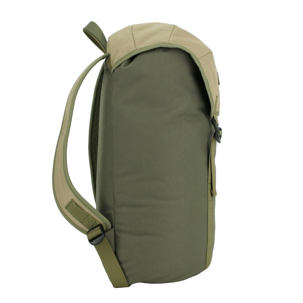4. Side view of Noel Cafe Backpack in khaki and beige, highlighting adjustable straps