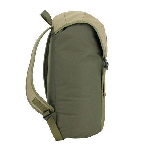 4. Side view of Noel Cafe Backpack in khaki and beige, highlighting adjustable straps