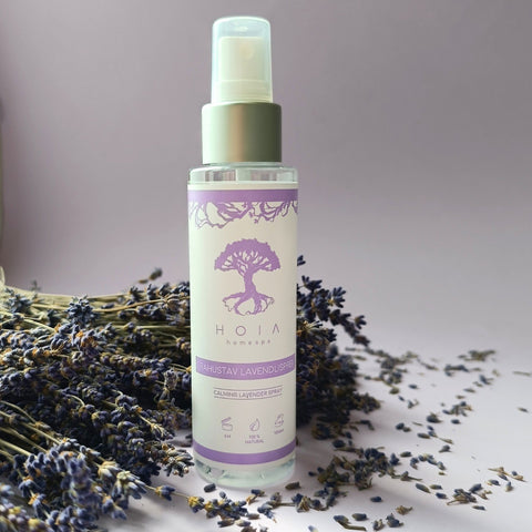 1. HOIA homespa Calming Lavender Spray 100ml bottle with purple label and lavender branches in background, highlighting natural and soothing properties