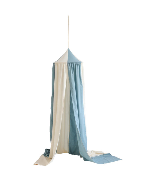 2. Blue and cream canopy with a pointed top hanging against a white background