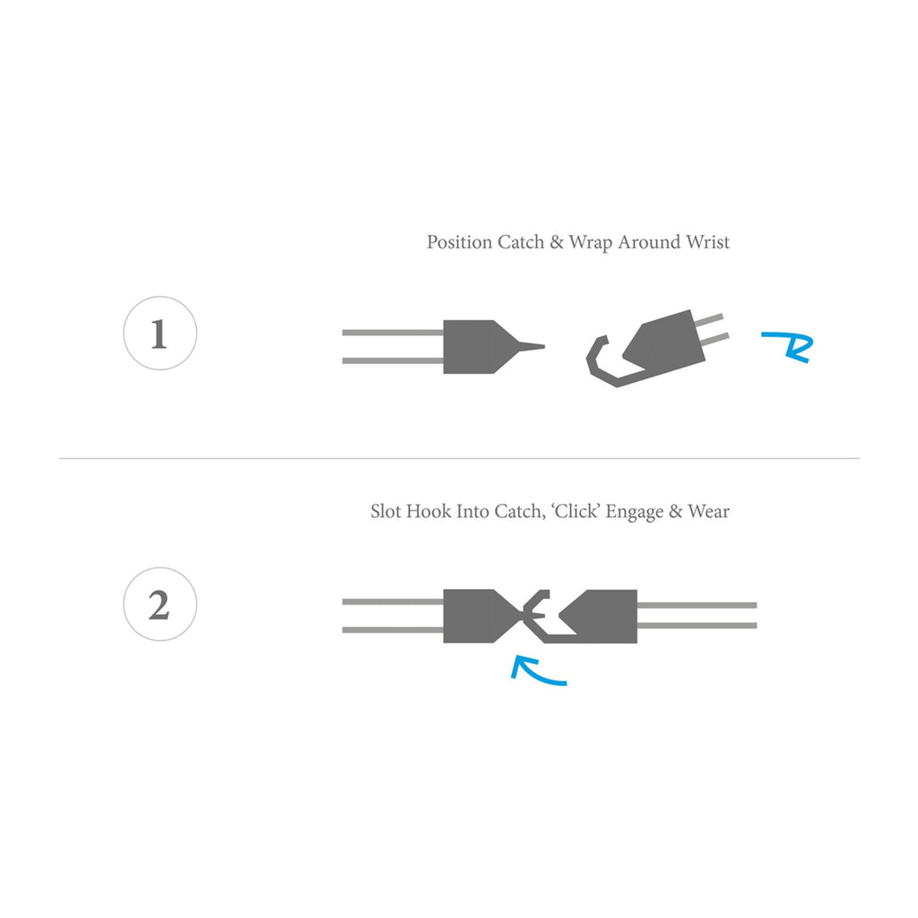 5. Size chart showing how to secure the Canterbury bracelet with hook and clasp
