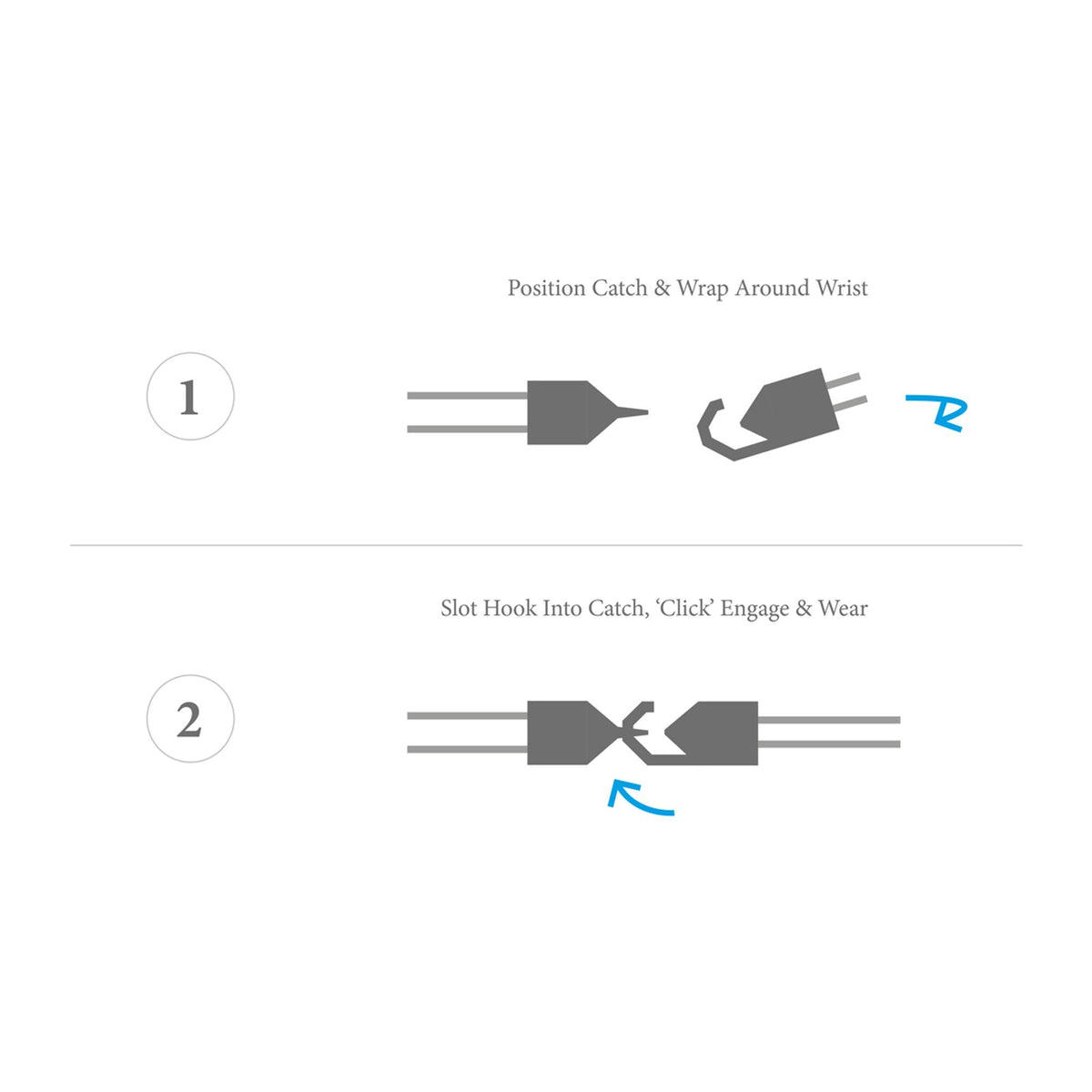 4. Size chart for ANCHOR & CREW bracelet showing how to secure the hook and clasp