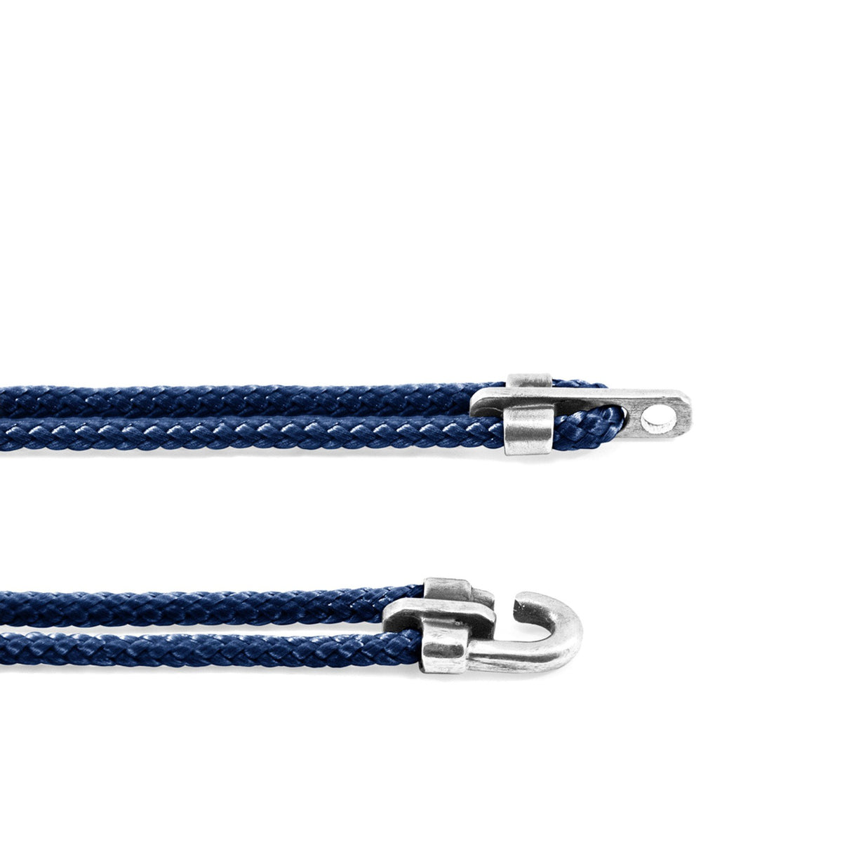 3. Close-up of ANCHOR & CREW navy blue rope bracelet showing sterling silver hook and clasp detail
