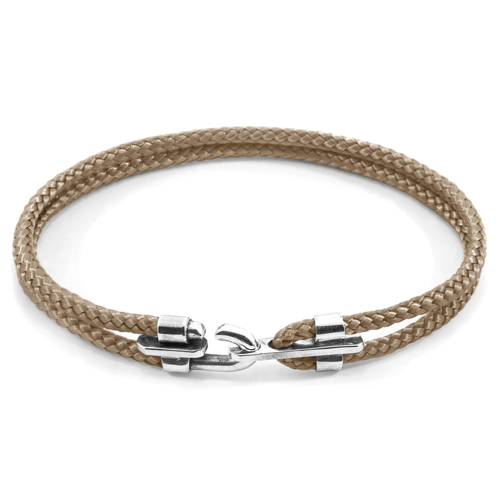 1. Studio image of ANCHOR & CREW Canterbury Silver and Rope Bracelet in sand brown, featuring .925 sterling silver clasp