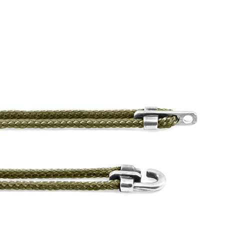 3. Close-up of khaki green rope and sterling silver clasp on Canterbury bracelet by ANCHOR & CREW