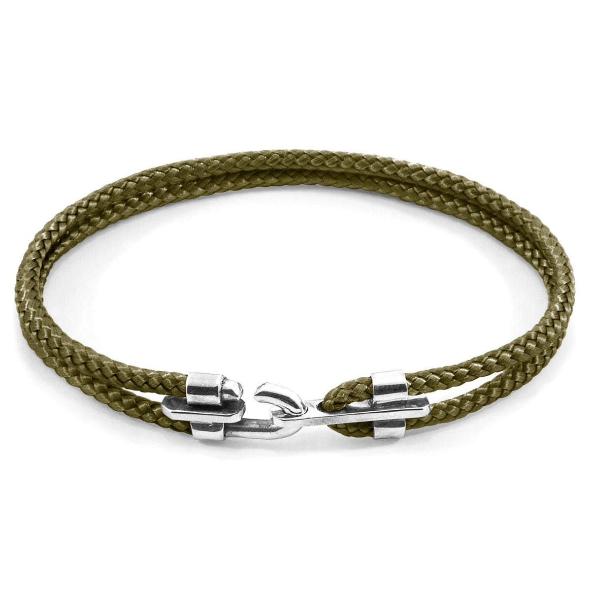 2. Studio image of khaki green Canterbury silver and rope bracelet by ANCHOR & CREW with sterling silver clasp
