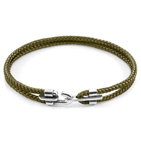 2. Studio image of khaki green Canterbury silver and rope bracelet by ANCHOR & CREW with sterling silver clasp