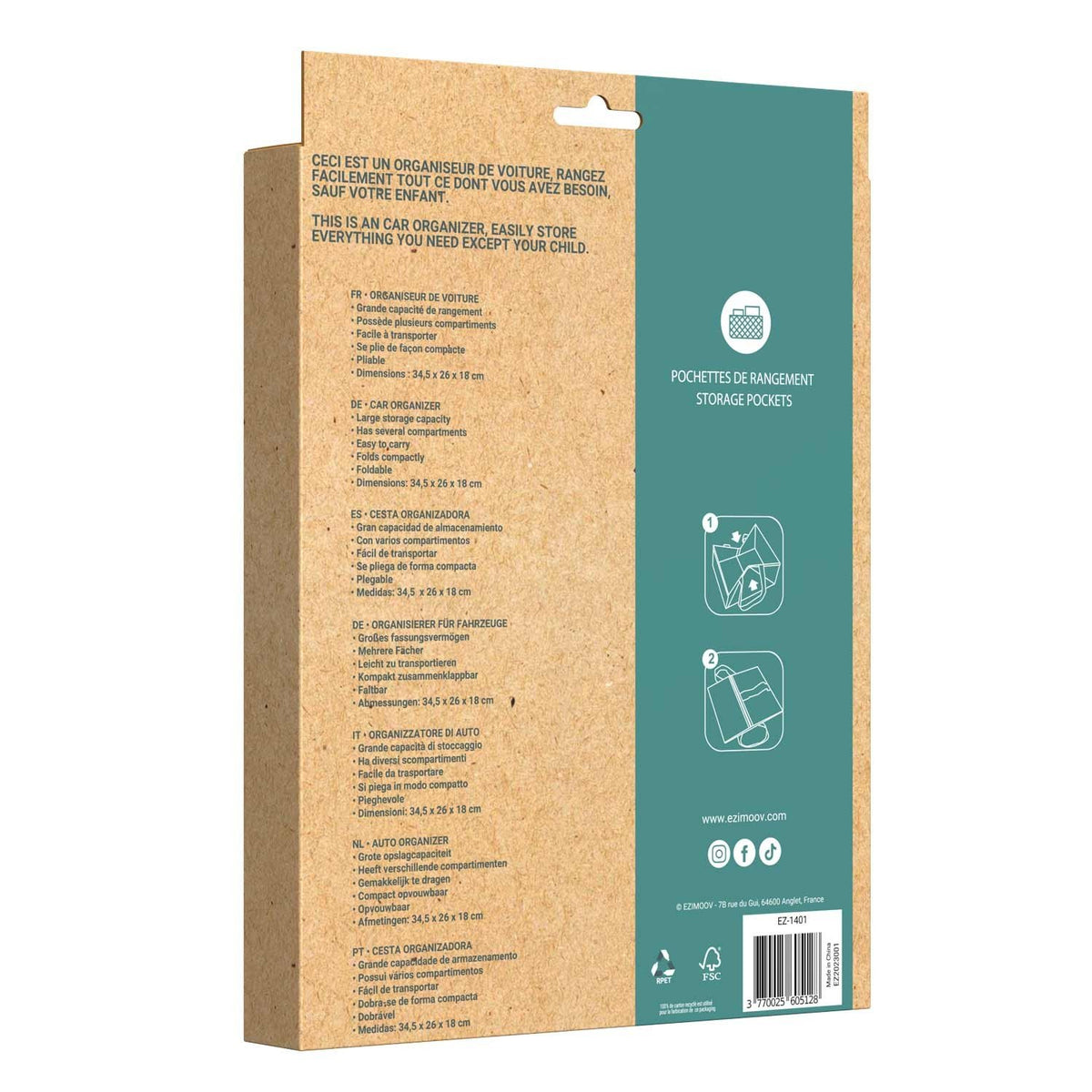 4. Back of Ezimoov car organizer packaging with product details and illustrations