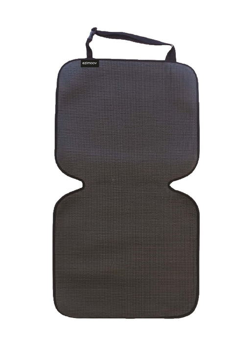 4. Flat lay of black Ezimoov EZI MAT CLASSIC car seat cover showing texture and logo