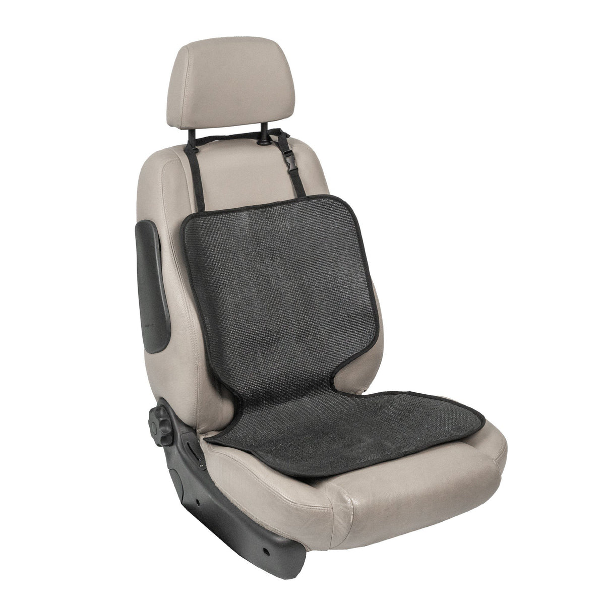 2. Black Ezimoov EZI MAT CLASSIC car seat cover on beige car seat with adjustable straps