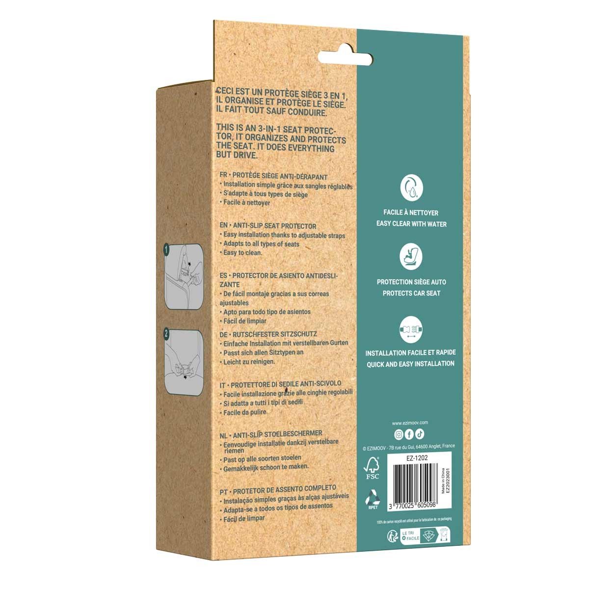5. Packaging of Ezimoov EZI MAT CLASSIC car seat cover with multilingual instructions