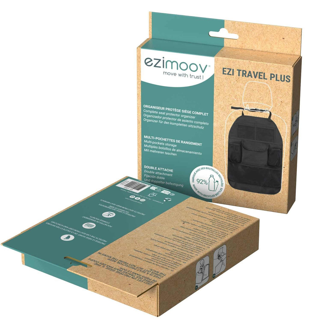 4. Ezimoov EZI TRAVEL PLUS car seat organizer packaging with product image and features