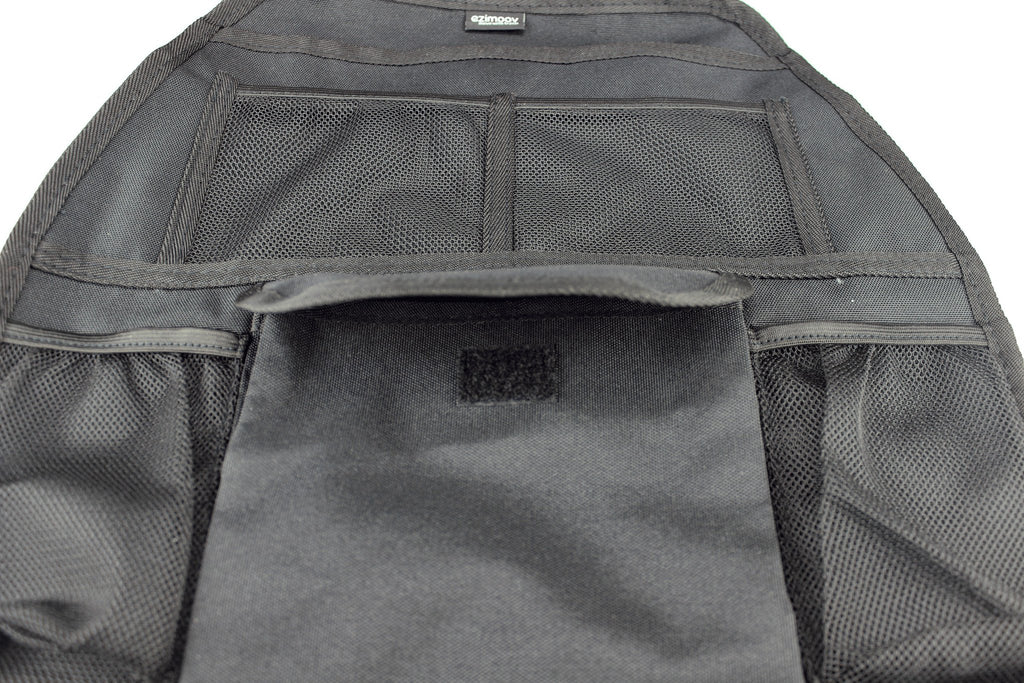 3. Close-up of black car seat organizer highlighting mesh pockets and velcro flap