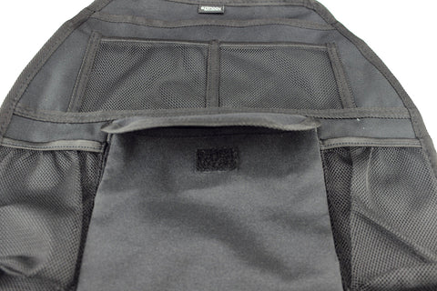3. Close-up of black car seat organizer highlighting mesh pockets and velcro flap
