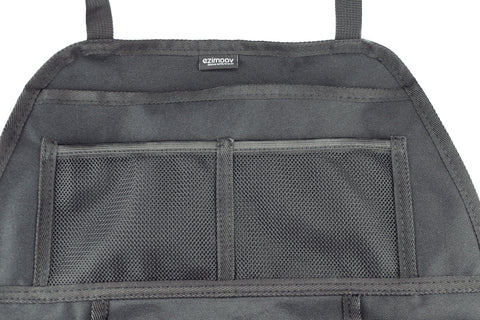 3. Detail of top section of black car seat organizer with mesh pockets and Ezimoov logo