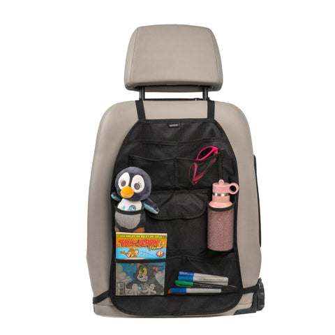 1. Car seat organizer with multiple pockets holding a toy, book, and water bottle on a beige car seat
