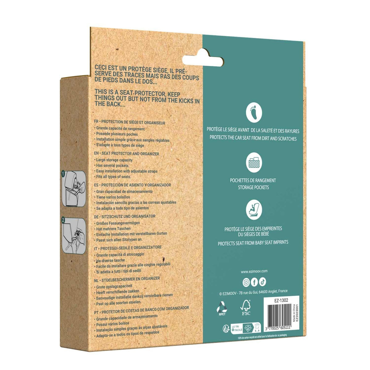 4. Packaging of Ezimoov EZI TRAVEL PLUS car seat organizer with product details and illustrations