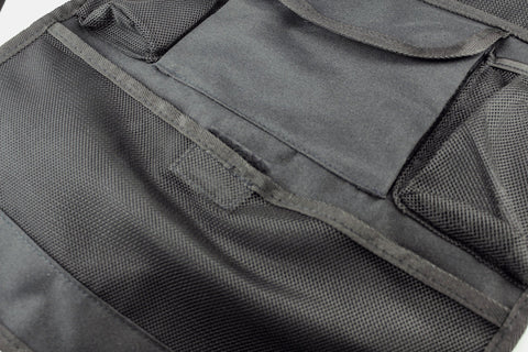 3. Close-up of black fabric car seat organizer showing pocket details