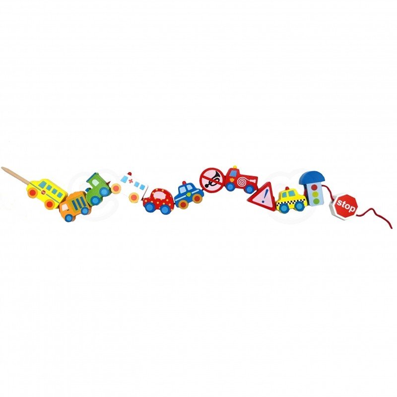 7. Long line of colorful wooden vehicle blocks and road signs with threading string