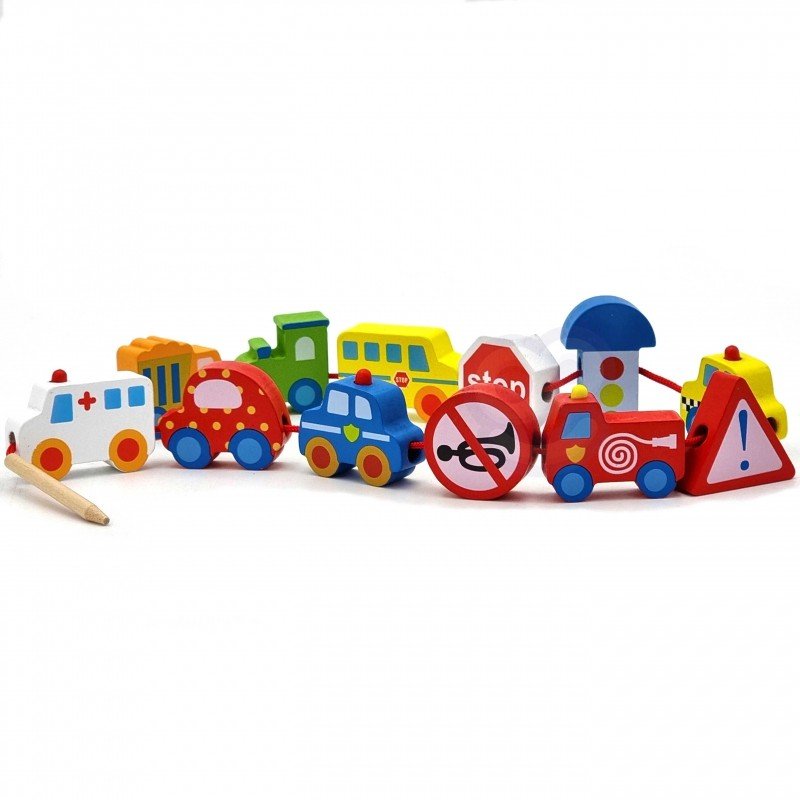6. Wooden threading blocks featuring ambulance, police car, and traffic signs in a row