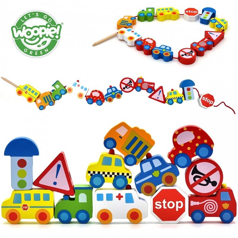 8. Collection of colorful wooden vehicle blocks and road signs with Woopie Let's Go Green logo