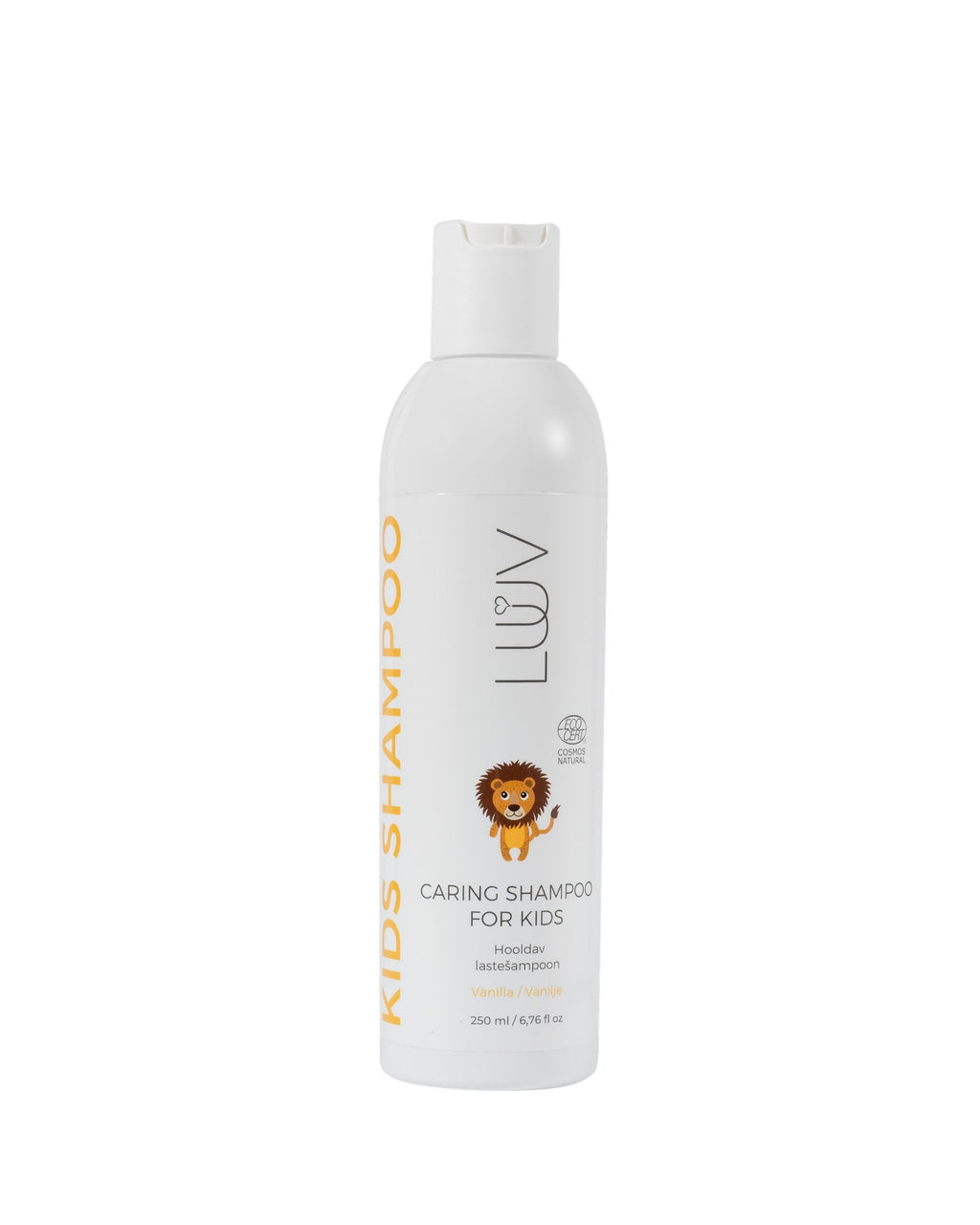 2. LUUV Caring Kid's Shampoo Vanilla 200ml bottle with lion illustration and COSMOS certification on white background