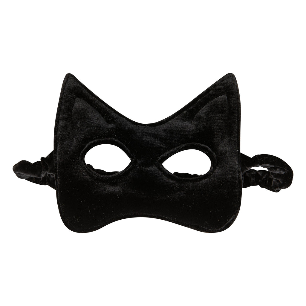 14. Black velvet cat mask with pointed ears and elastic band on a white background