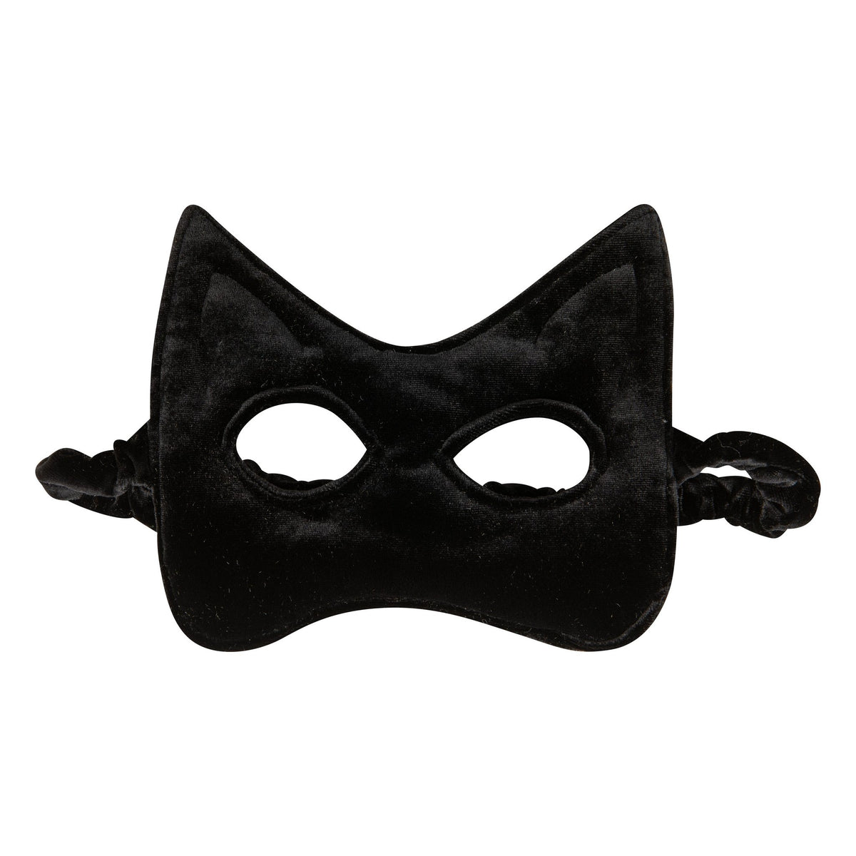 14. Black velvet cat mask with pointed ears and elastic band on a white background