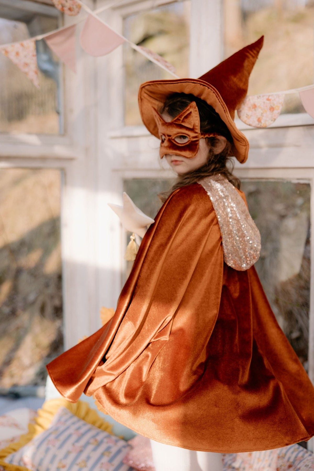 4. Girl in ginger cat mask and cape with sequined hood, shown from back in bright room