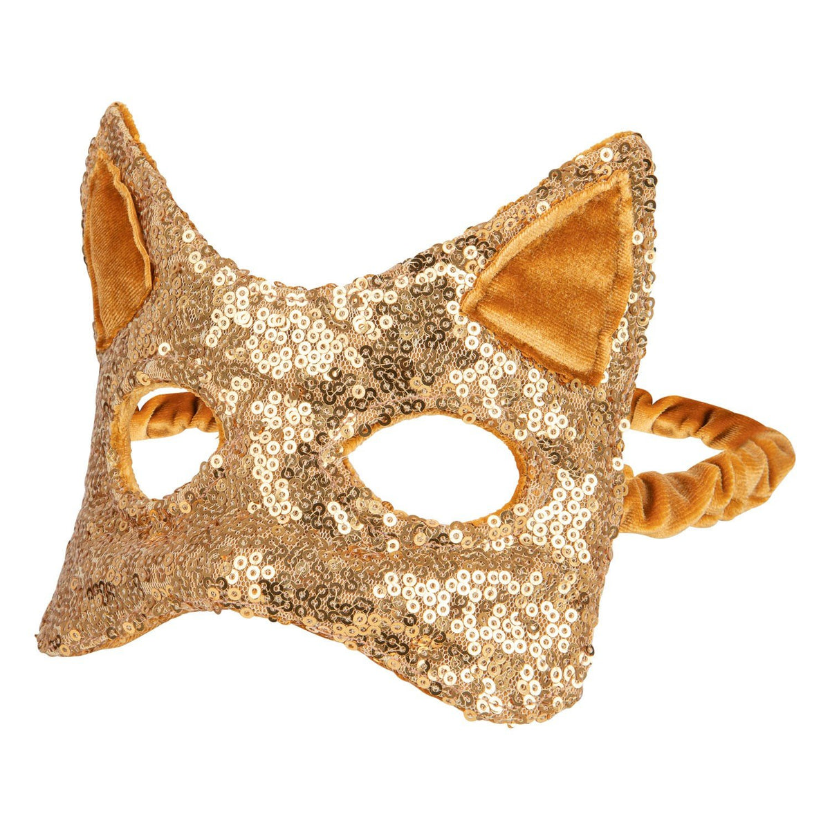 2. Studio shot of gold sequin cat mask with velvet ears and elastic band