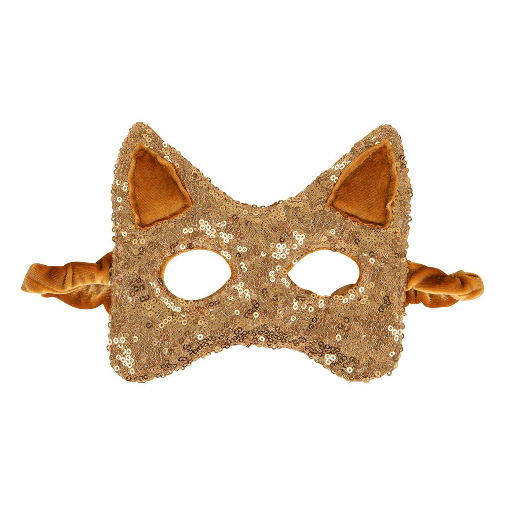 2. Front view of gold sequin cat mask with velvet ears and elastic band