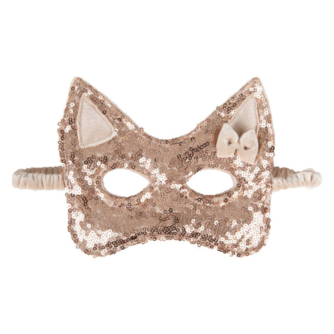 3. Rose gold sequin cat mask with velvet bow and elastic band on white background