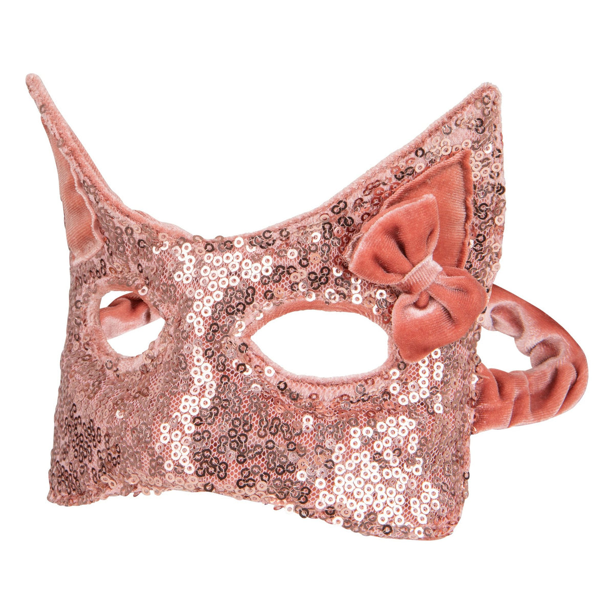 2. Studio shot of pink sequin cat mask with velvet bow and elastic band