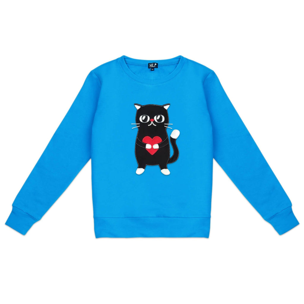 2. Women's HILP Heartful Cat Sweatshirt in blue, featuring a cute cat with heart design, studio shot