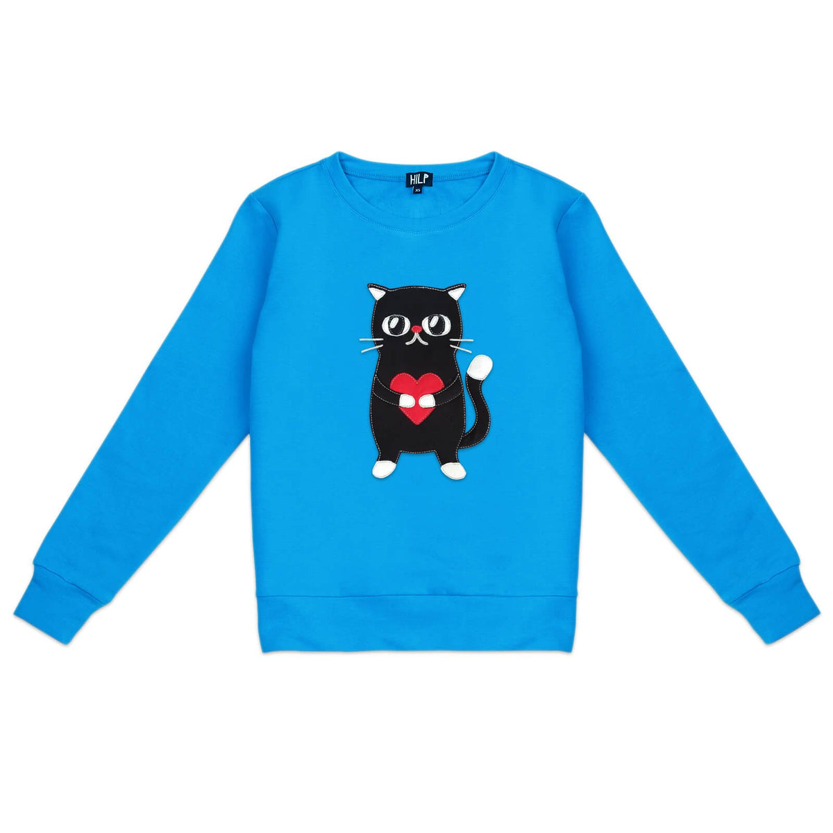 2. Women's HILP Heartful Cat Sweatshirt in blue, featuring a cute cat with heart design, studio shot