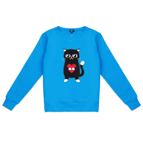 2. Women's HILP Heartful Cat Sweatshirt in blue, featuring a cute cat with heart design, studio shot
