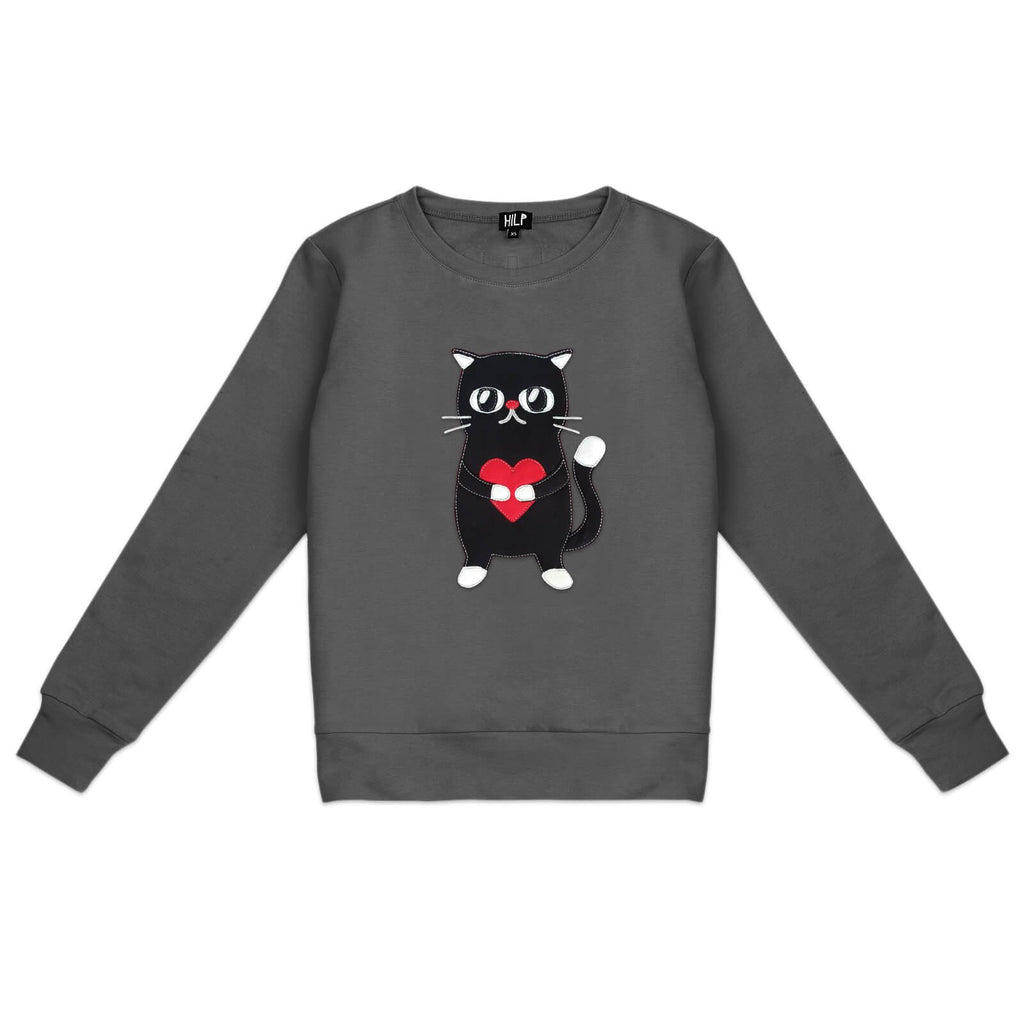 5. Women's HILP Heartful Cat Sweatshirt in dark grey, featuring a cute cat with heart design, studio shot