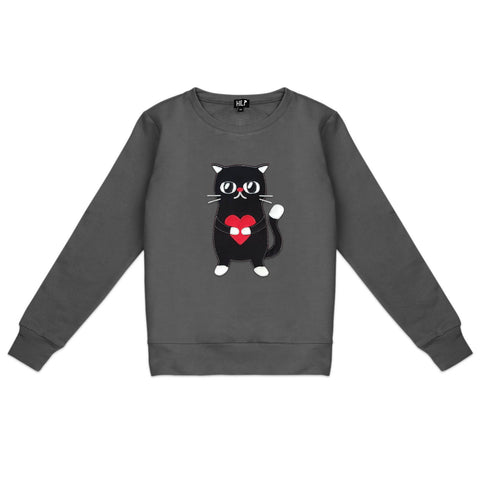 5. Women's HILP Heartful Cat Sweatshirt in dark grey, featuring a cute cat with heart design, studio shot