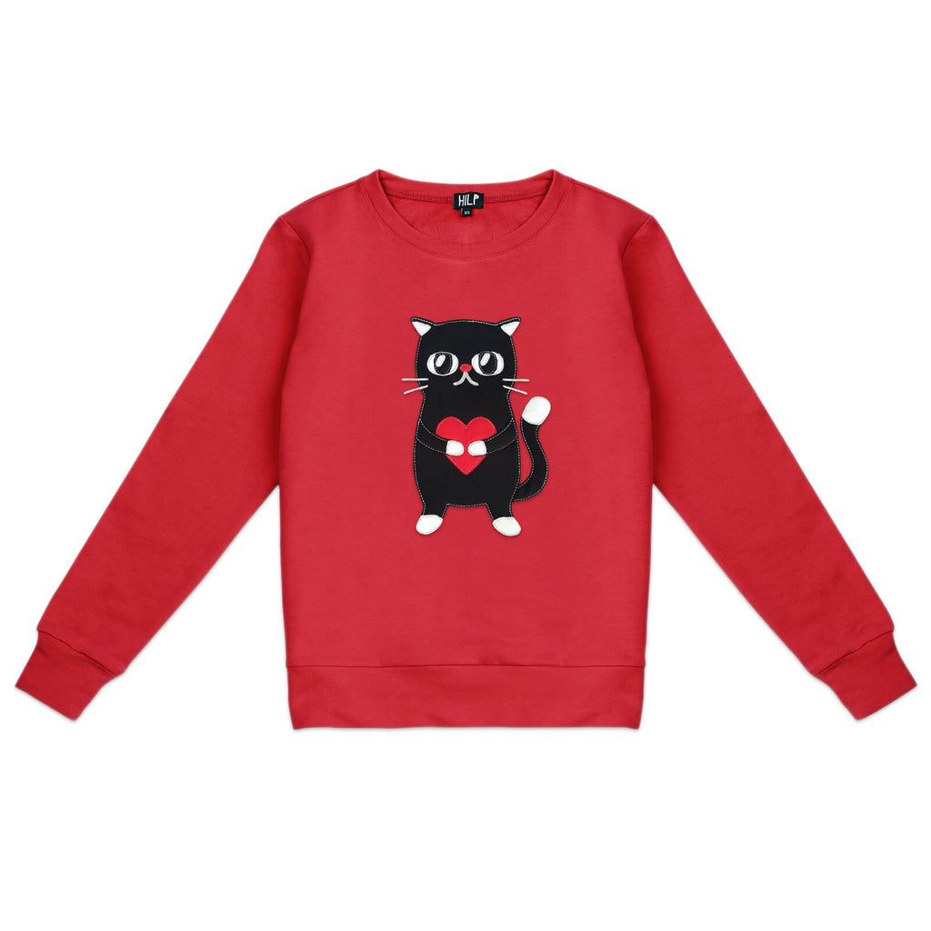 4. Women's HILP Heartful Cat Sweatshirt in red, featuring a cute cat with heart design, studio shot