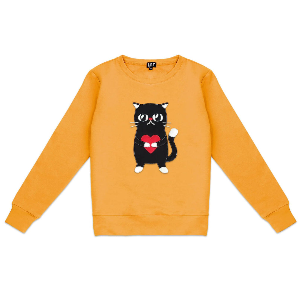 6. Women's HILP Heartful Cat Sweatshirt in yellow, featuring a cute cat with heart design, studio shot